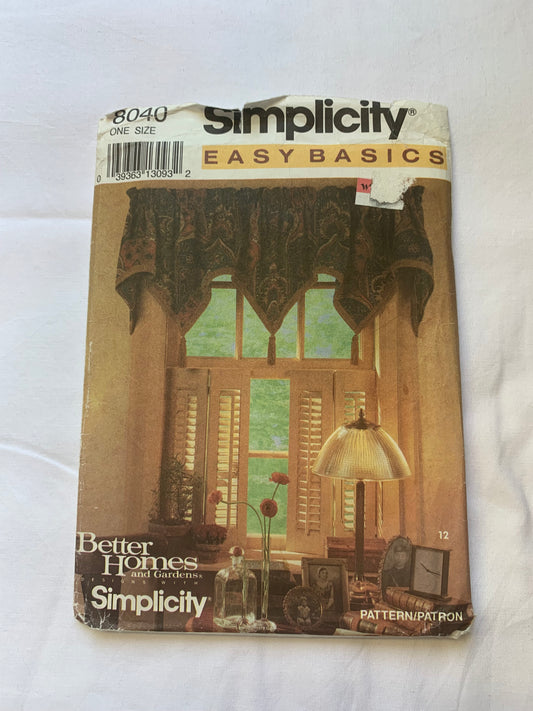 Simplicity Sewing Pattern 8040 Home Decor, Window Coverings, Curtains, Swag, Valance, Ruffles, Tiers, One Size, Cut, Vintage 1992