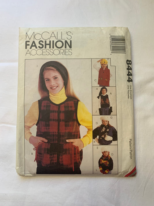 McCall's Sewing Pattern 8444 Crafts, Fashion Accessories, Vest, Scarf, 3 Sizes Mittens, Headband, 3 Sizes Hats, Button Front, Uncut, Vintage 1996