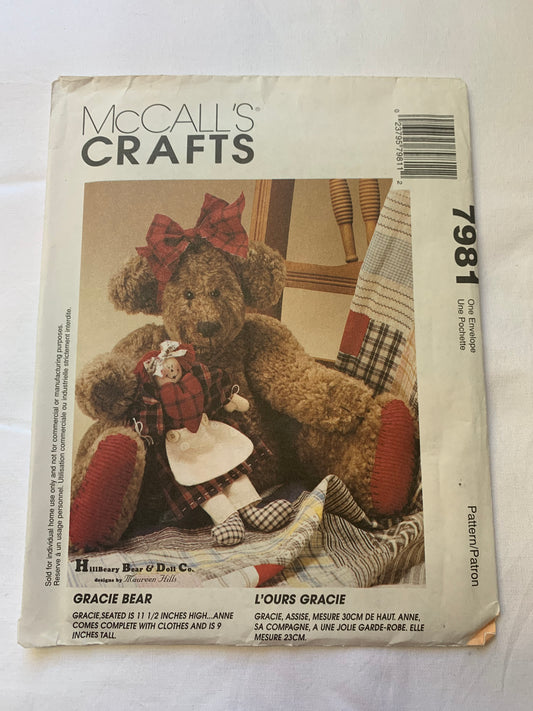 McCall's Sewing Pattern 7981 11 1/2 Inch Gracie Bear And Her ( Inch Doll, Clothes, Jacket, Shirt, Pants, Stuffed Animal, Wardrobe, Uncut, Vintage 1996