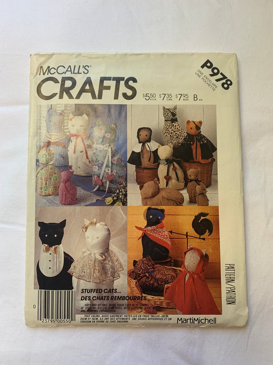 McCall's Sewing Pattern Crafts P978 Stuffed Cats, 3 Sizes 15", 10", 6 1/2", 17 Variations, Uncut, Vintage 1982