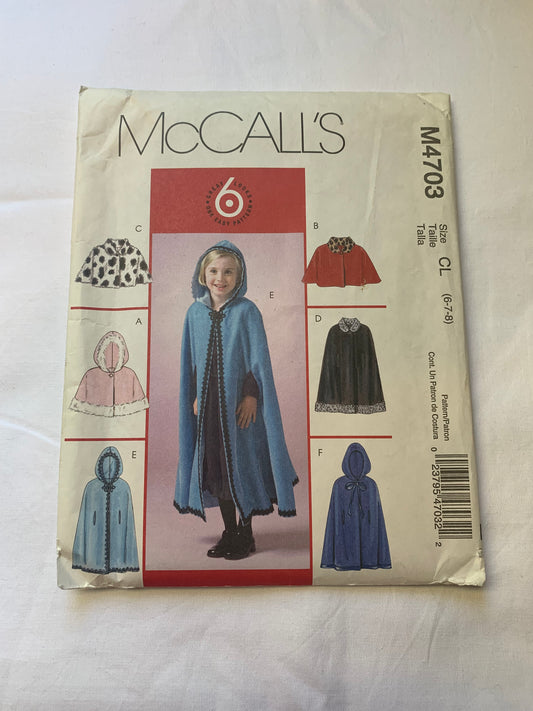 McCall's Sewing Pattern M4703 Children's/Girls' Lined Capelets, Capes, Flared, 7 Variations, Size 6-8, Uncut, 2004