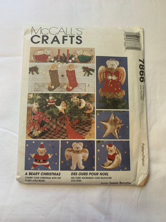 McCall's Sewing Pattern 7866 Crafts, Beary Christmas Holiday Ornaments, Stockings, Tree Skirt, Star, Uncut, Vintage 1996