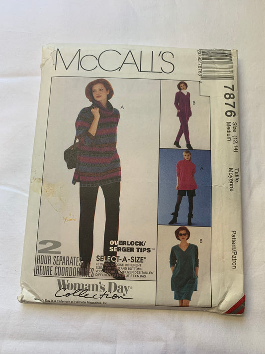 McCall's Sewing Pattern 7876 Misses' Top, Pants, Shorts, Skirt, Stretch Knit Only, Pullover, Size 12-14, Uncut, Vintage 1995
