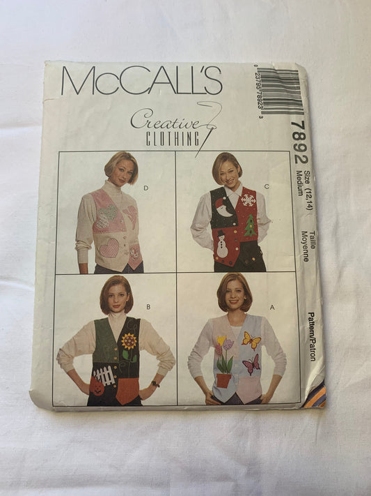 Copy of McCall's Sewing Pattern 7804 Misses' Lined Vest, Appliques, Button Front, Sleeveless, Darts, Tie Back, Size 12-14, Uncut, Vintage 1995
