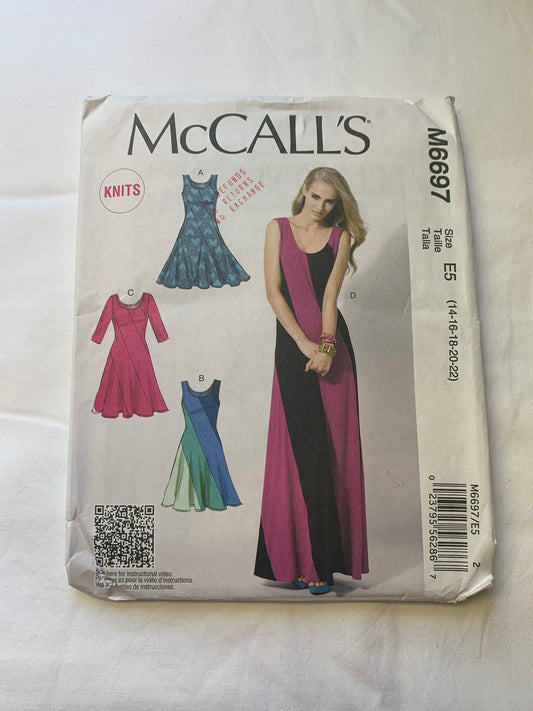 McCall's Sewing Pattern M6697 Misses' Dresses, 4 Variations, Loose-Fitting, Pullover, Sleeveless, Two Lengths, Elbow Sleeves, Size 14-22, Uncut, 2013