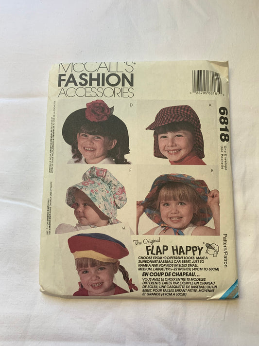 McCall's Sewing Pattern 6818 Children's/Girls' Hats, 10 Variations, Caps, Bonnets, Tams, 3 Sizes 19-22 Inches, Uncut, Vintage 1993