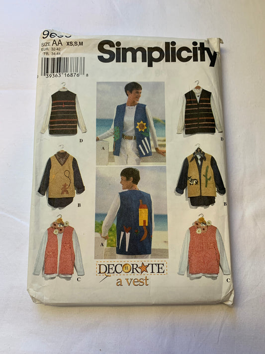 Simplicity Sewing Pattern 9666 Misses' Lined Decorated Vests, Sleeveless, Button Front, 4 Variations, Size 6-16, Uncut, Vintage 1995