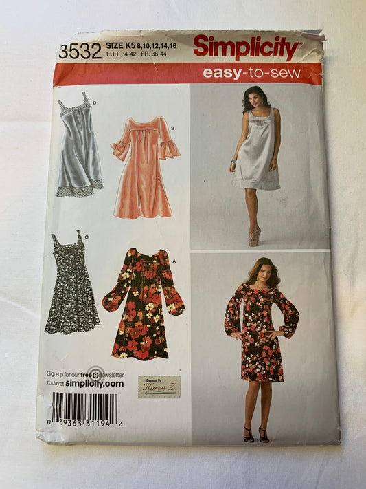 Simplicity Sewing Pattern 3532 Misses'/Miss Petite Dresses, Two Lengths, Pullover, Full Skirt, Sleeveless, Short/Long Sleeves, Size 8-16, Uncut, 2002