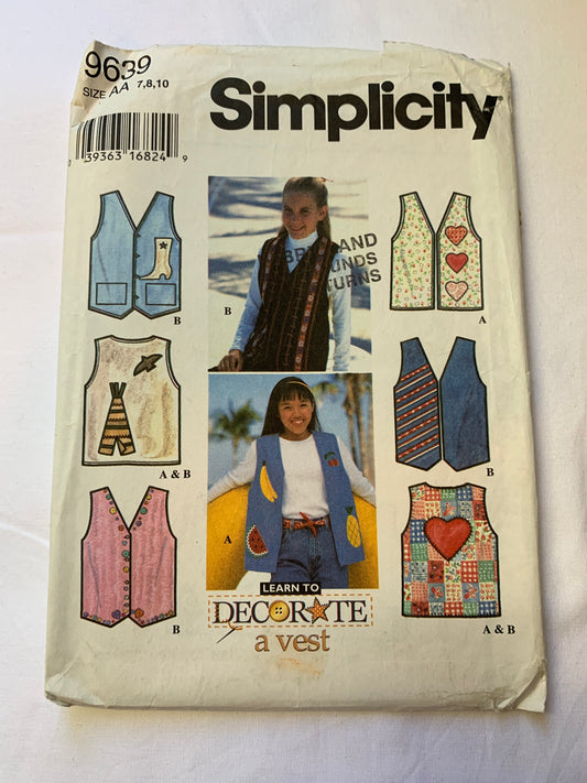 Simplicity Sewing Pattern 9639 Girls' Vest, 3 Variations, Pockets, Button Front, Size 7-10, Uncut, Vintage 1996