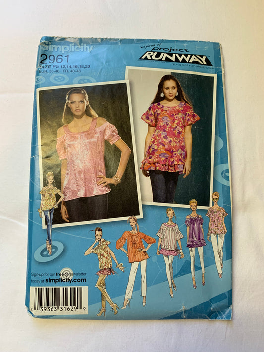 Simplicity Project Runway Sewing Pattern 2961 Misses' Top, Long/Short Sleeves, Sleeve Variations, Zipper Back, Pullover, Two Lengths, Size 12-20, Uncut, 2008