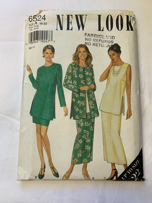 Simplicity New Look Sewing Pattern 6524 Misses' Tunic,, Pants, Skirt, Two Lengths, Sleeveless, Long Sleeves, Elastic Waist, Size 10-22, Uncut, Vintage 1999