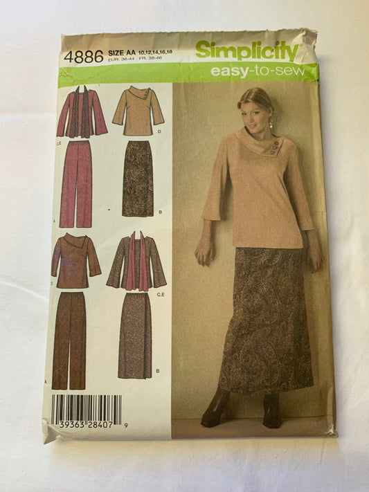 Simplicity New Look Sewing Pattern 4886 Misses'/Women's Top, Pants, Skirt, Long Sleeves, Elastic Waist, Side Slit, Size 10-18, Uncut, 2004