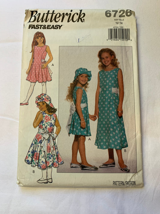 Butterick Sewing Pattern 6726 Girls' Dress, Two Lengths, Hat, Semi-Fitted, Princess Seams, Sleeveless, Pullover, Tie Ends, Size 12-14, Uncut, Vintage 1993