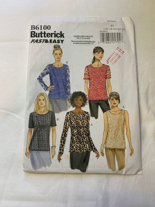 Butterick Sewing Pattern B6100 Misses' Top, Pullover, 5 Variations, Long/Short Sleeves, Sleeveless, Semi-Fitted, Overlay, Size 16-24, Uncut, 2014