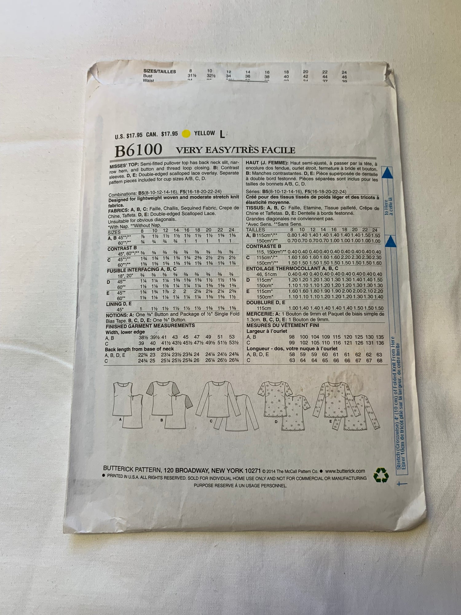 Butterick Sewing Pattern B6100 Misses' Top, Pullover, 5 Variations, Long/Short Sleeves, Sleeveless, Semi-Fitted, Overlay, Size 16-24, Uncut, 2014