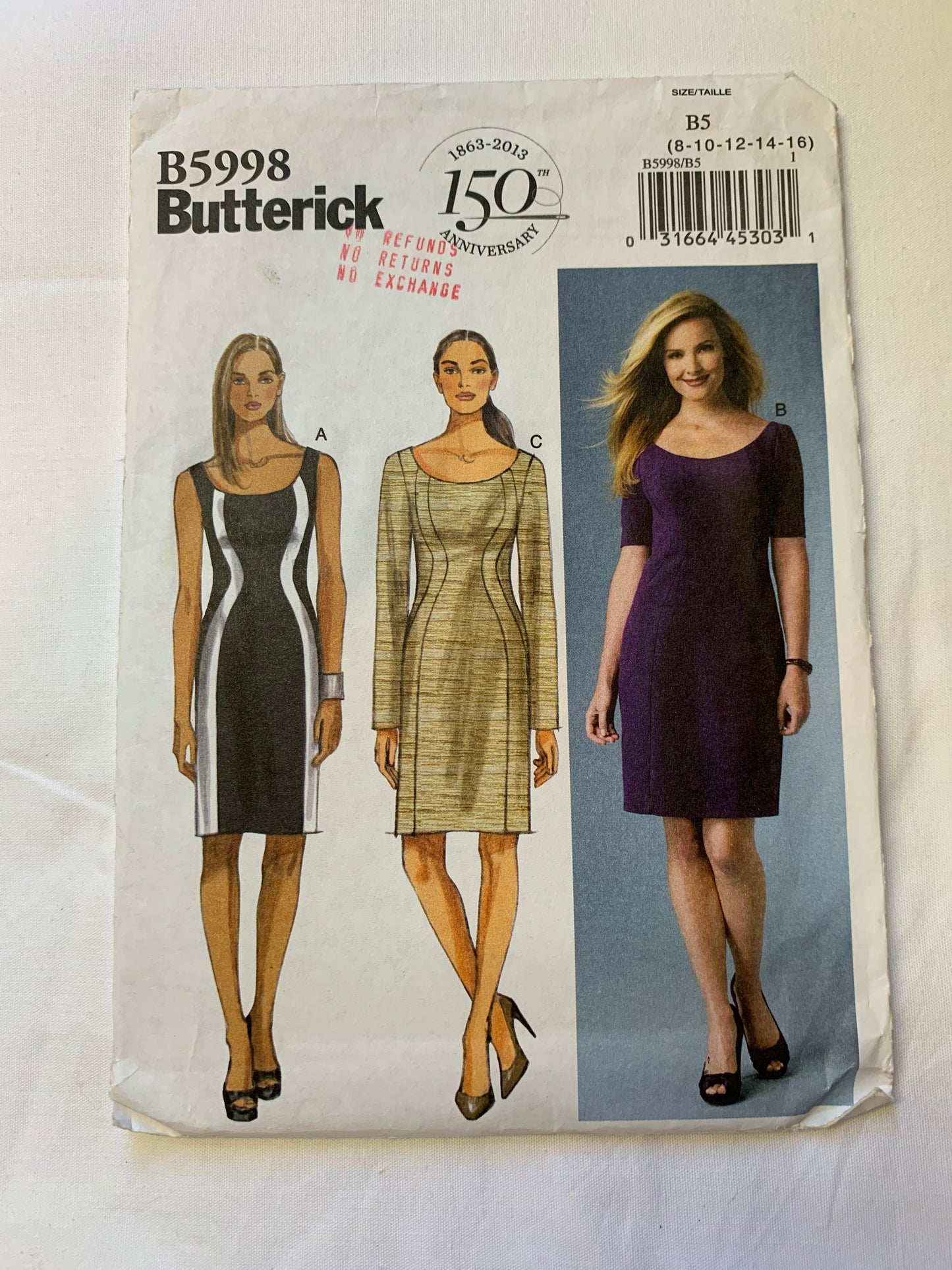 Butterick Sewing Pattern B5998 Misses'/Women's Dress, Fitted, Line, Zipper Back, Long/Short Sleeves, Sleeveless, Size 8-16, Uncut, 2013