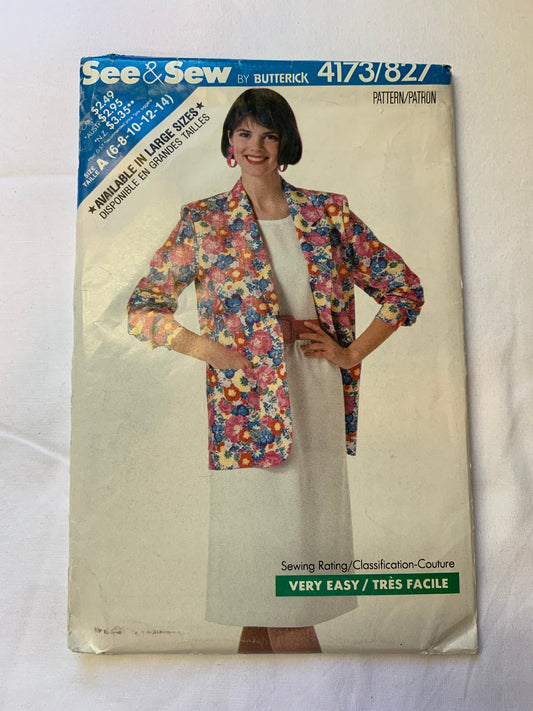 Butterick Sewing Pattern See & Sew 4173 Misses'/Misses' Petite Jacket, Top, Skirt, Loose-Fitting, Shoulder Pads, Size 6-14, Uncut, Vintage 1989