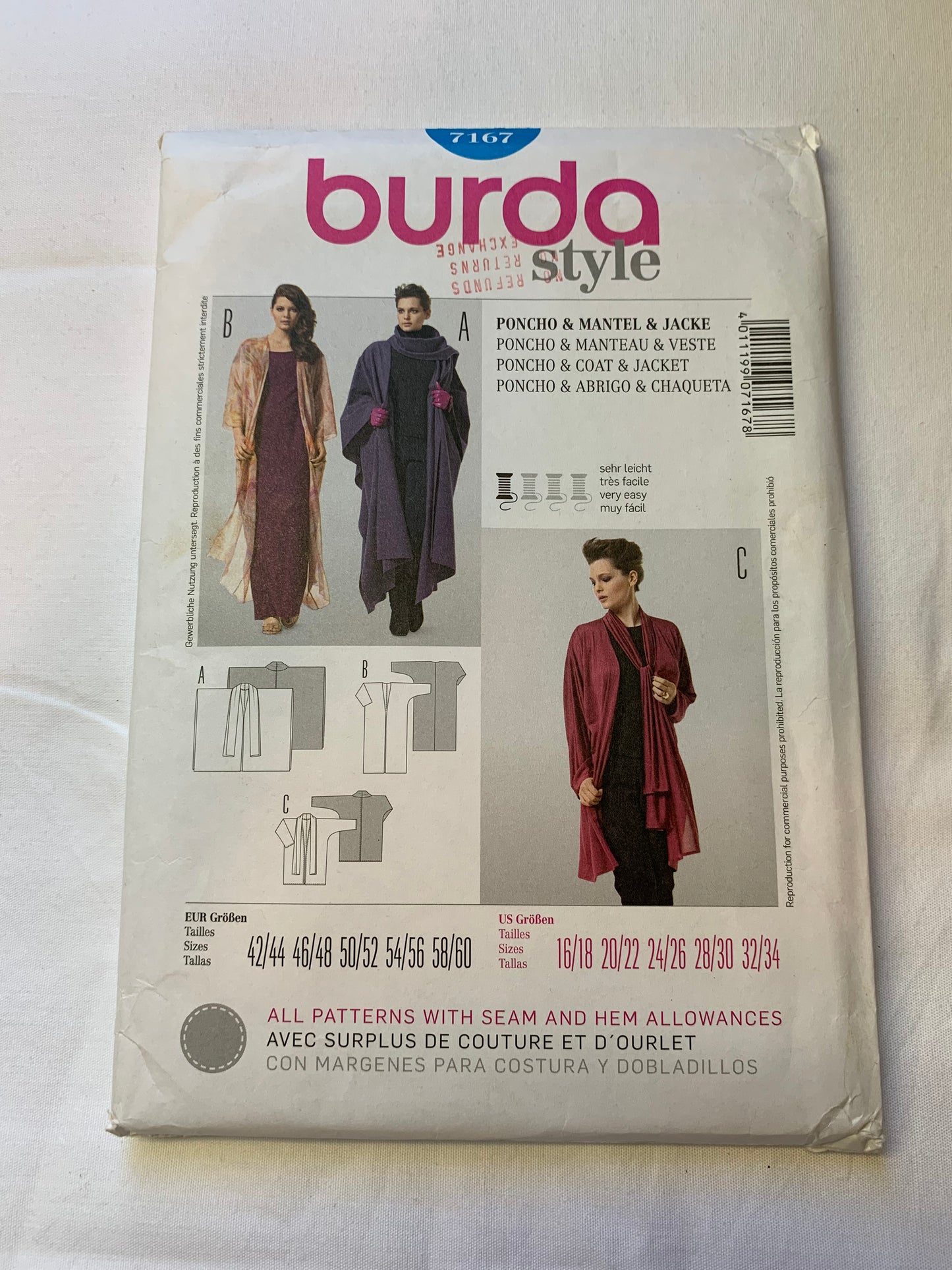 Burda Sewing Pattern 7167 Misses' Poncho, Coat, Jacket, Loose-Fitting, Sleeve Variations, 3 Variations, Size 16-34, Uncut, 2006