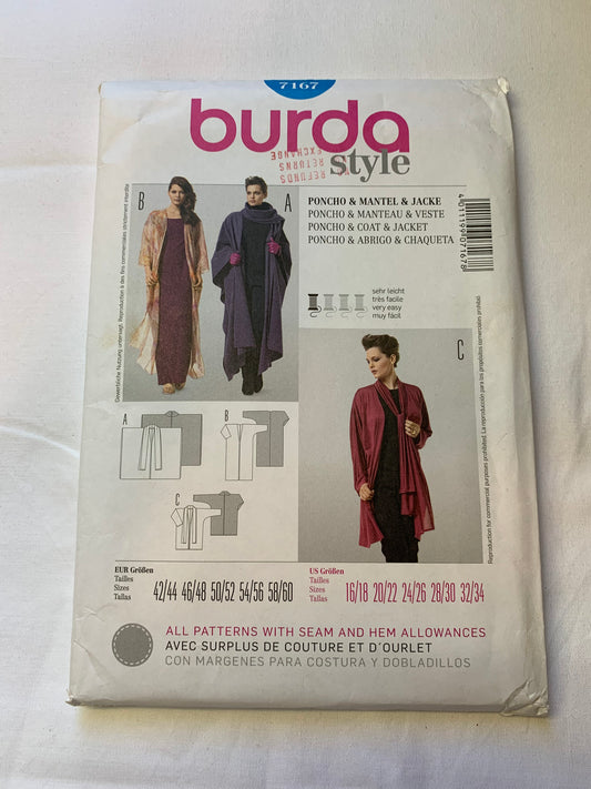 Burda Sewing Pattern 7167 Misses' Poncho, Coat, Jacket, Loose-Fitting, Sleeve Variations, 3 Variations, Size 16-34, Uncut, 2006