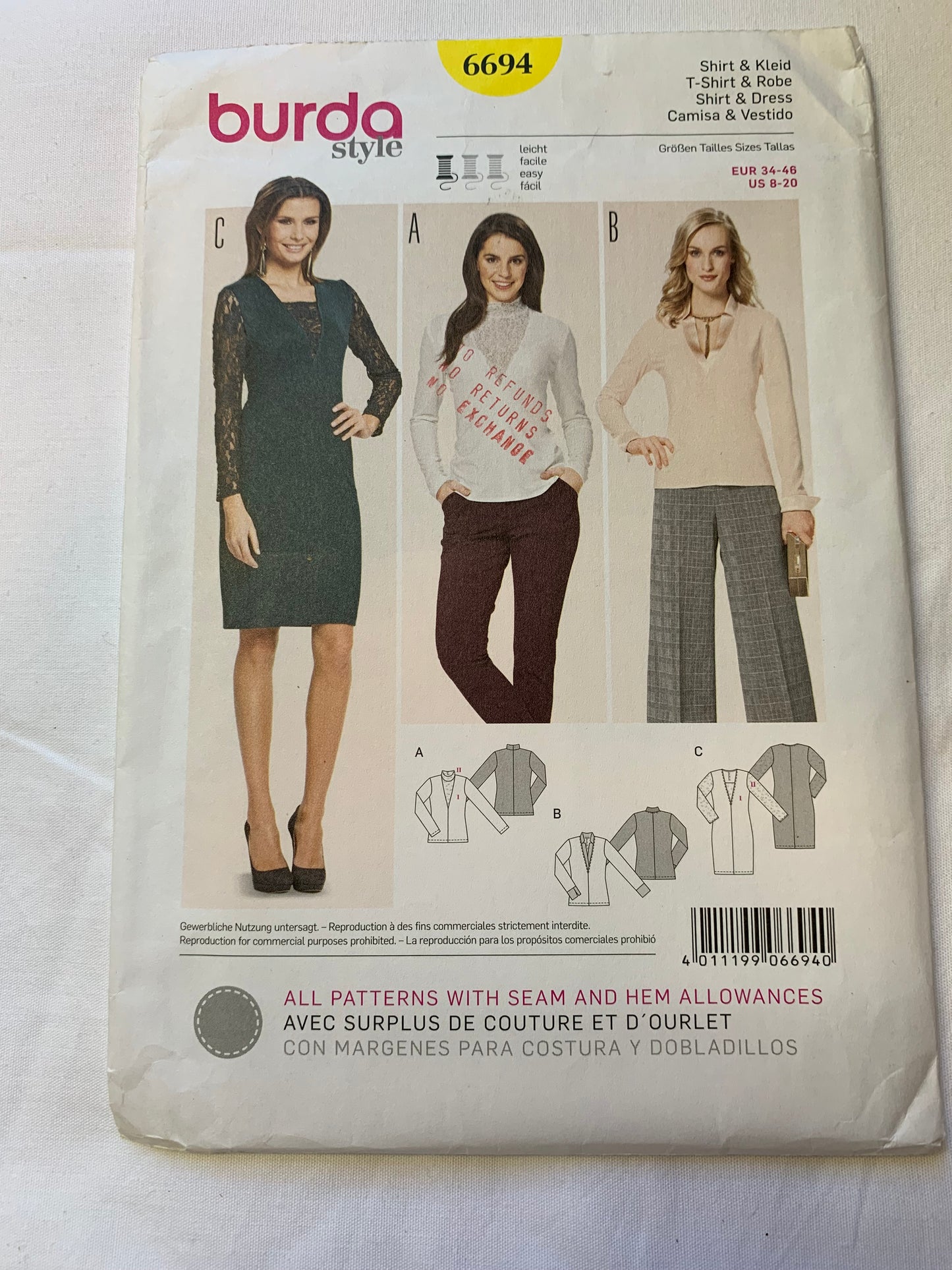 Burda Sewing Pattern 6694 Misses' Dress, Shirt, Long Sleeves, Fitted, Pullover, Darts, 3 Variations, Size 8-20, Uncut, 2000