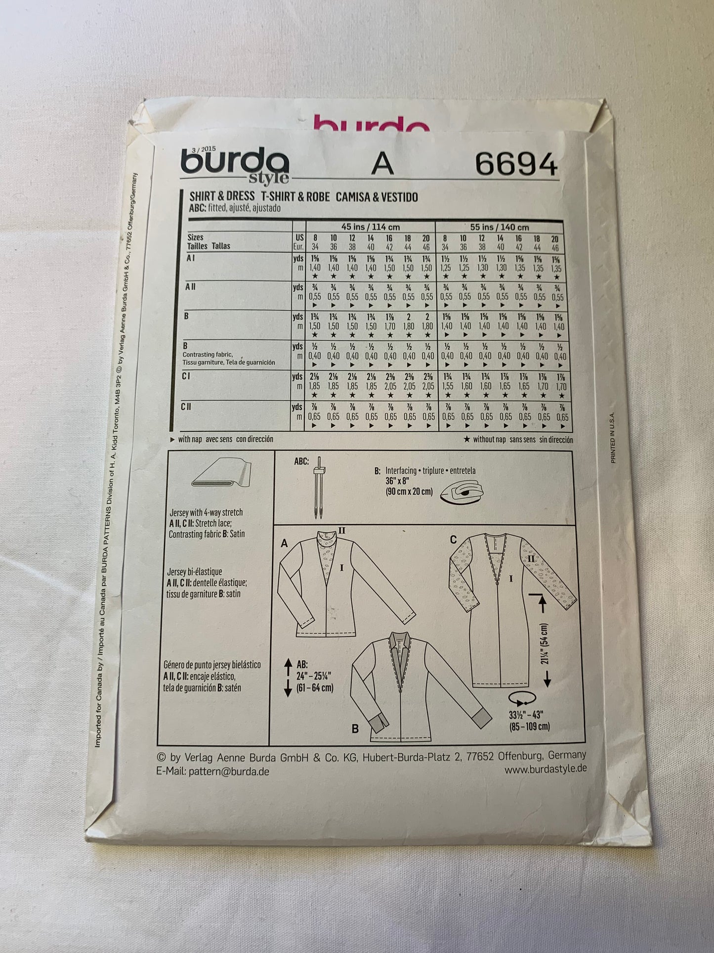 Burda Sewing Pattern 6694 Misses' Dress, Shirt, Long Sleeves, Fitted, Pullover, Darts, 3 Variations, Size 8-20, Uncut, 2000