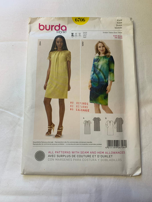 Burda Sewing Pattern 6706 Misses' Dress, Long/Short Sleeves, Semi-Fitted, Zipper Back, 2 Variations, Size 10-20, Uncut, 2000