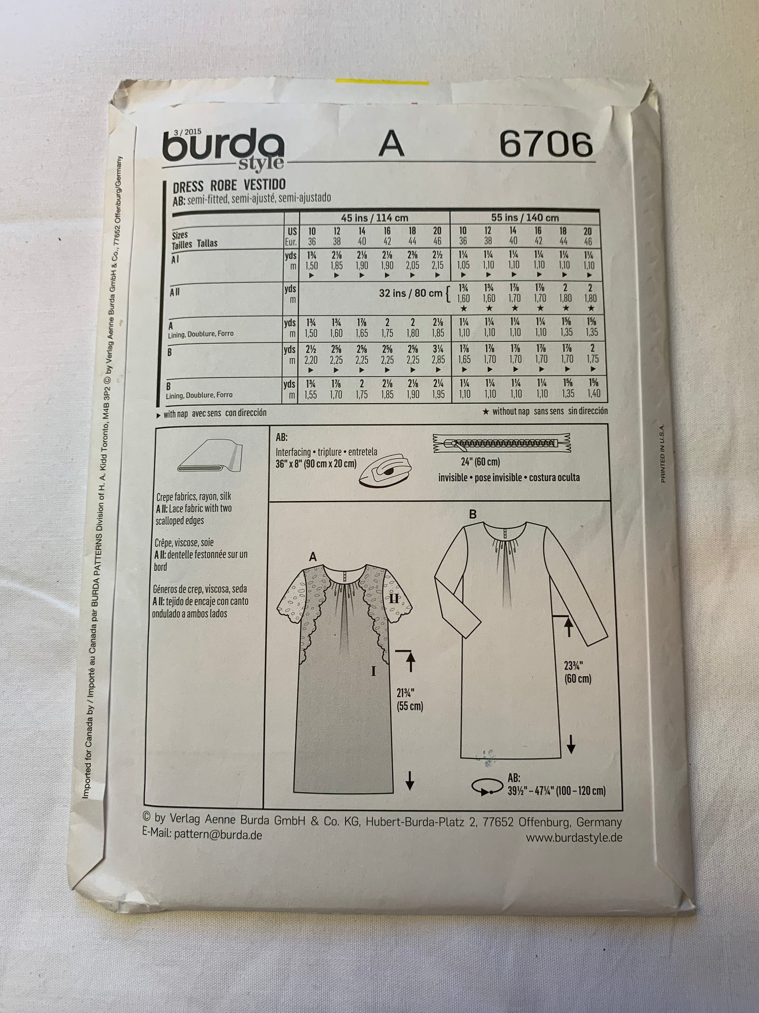 Burda Sewing Pattern 6706 Misses' Dress, Long/Short Sleeves, Semi-Fitted, Zipper Back, 2 Variations, Size 10-20, Uncut, 2000