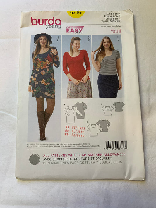 Burda Sewing Pattern 6716 Misses' Dress, Shirt, Long/Short Sleeves, 3 Lengths, Close-Fitting, Pullover, 3 Variations, Size 16-26, Uncut, 2000