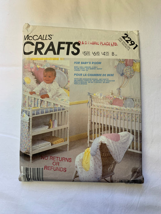 McCall's Sewing Pattern 2291 Crafts, Baby's Room, Wall Hanging, Quilt, Pillow Cover, Crib Bumper, Diaper Stacker, Crib Toy, Cut, Vintage 1985
