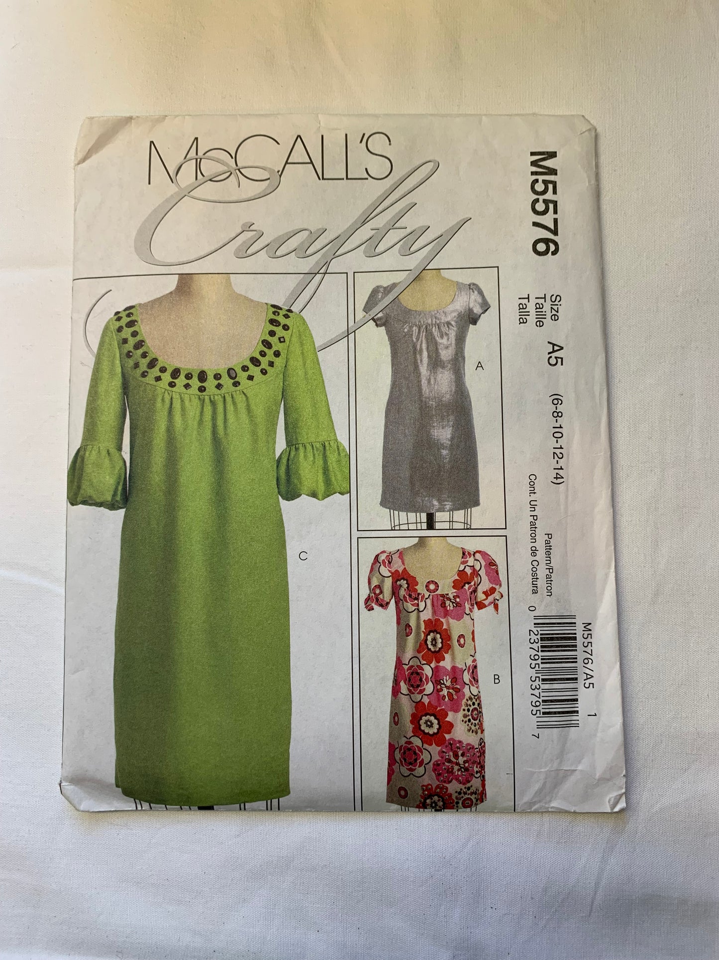 McCall's Sewing Pattern M5576 Misses'/Miss Petite Dresses, Loose-Fitting, Zipper Back, Long/Short Sleeves, Size 6-14, Cut, 2008