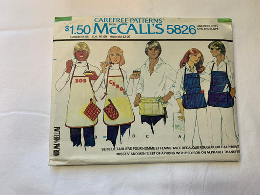 McCall's Sewing Pattern 5826 Misses'/Men's Aprons, Alphabet Transfer, Potholder, Tie Back, Bib/Waist, One Size, Cut, Vintage 1977