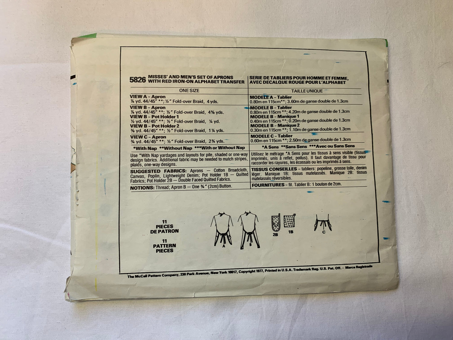 McCall's Sewing Pattern 5826 Misses'/Men's Aprons, Alphabet Transfer, Potholder, Tie Back, Bib/Waist, One Size, Cut, Vintage 1977