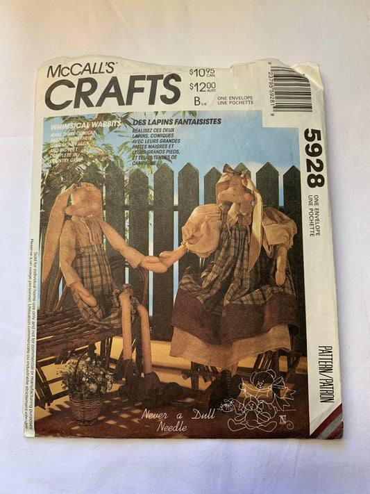 McCall's Sewing Pattern 5928 27 1/2 Inch Novelty Rabbit Boy/Girl Dolls, Dress, Bow, Petticoat, Pantaloon, Shirt, Pants, Cut, Vintage 1992