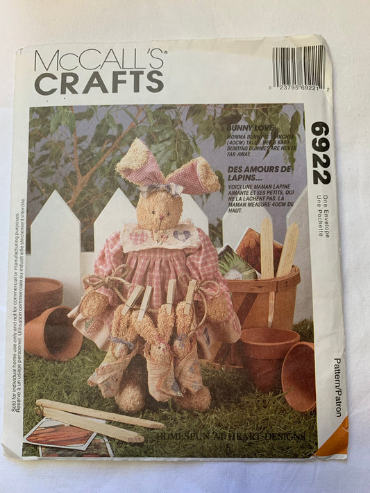 McCall's Sewing Pattern 6922 Crafts, 16 Inch Novelty Rabbits With 5" Babies, Stuffed Dolls, Bunnies, Pantaloons, Appliques, Head Bow, Blankets, Cut, Vintage 1994