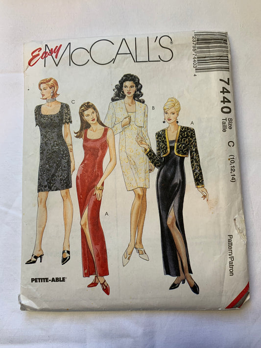 McCall's Sewing Pattern 7440 Misses' Dress, Lined Bolero, Two Lengths, Sleeveless, Short/Long Sleeves, Lace Overlay, Princess Seams, Size 10-14, Cut, Vintage 1995
