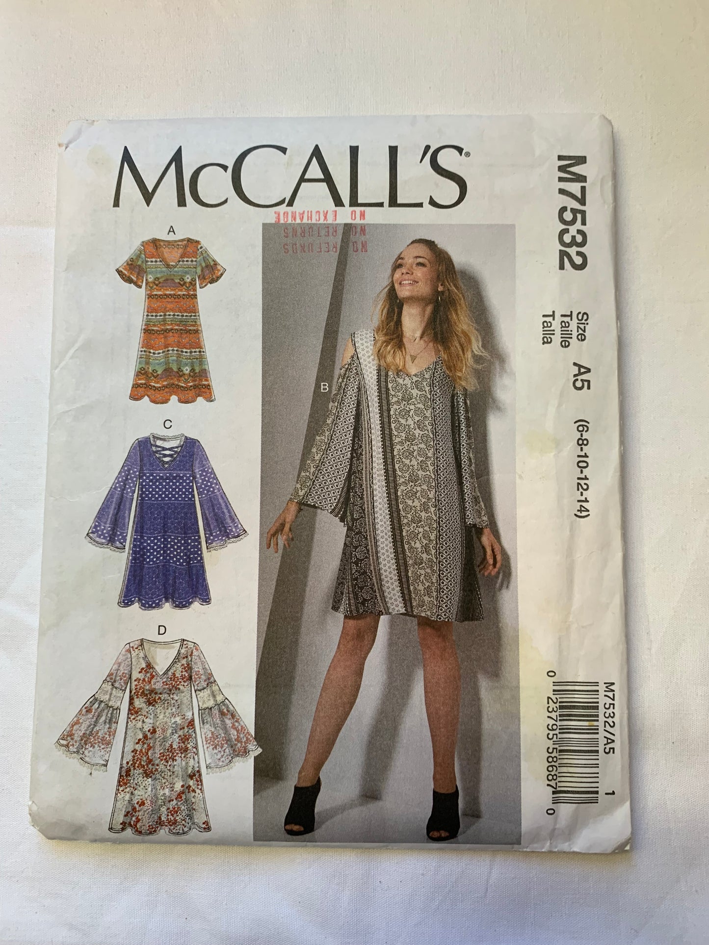 McCall's Sewing Pattern M7532 Misses' Dress, Loose-Fitting, Pullover, Long/Short Sleeves, 4 Variations, Size 6-14, Cut, 2017