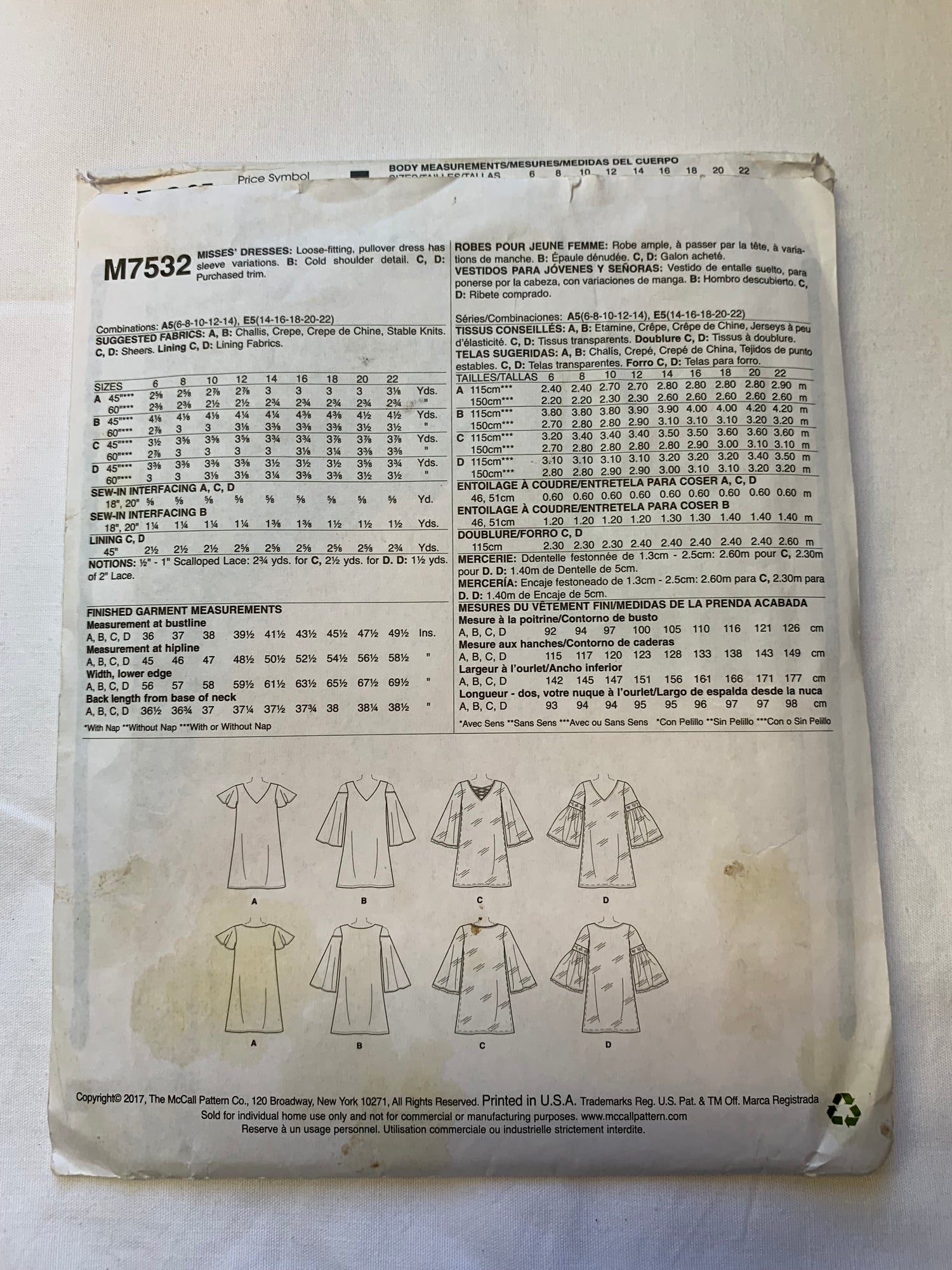 McCall's Sewing Pattern M7532 Misses' Dress, Loose-Fitting, Pullover, Long/Short Sleeves, 4 Variations, Size 6-14, Cut, 2017