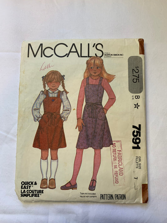 McCall's Sewing Pattern 7591 Girls' Jumper, Dress, Shoulder Straps, Back Wrap, Pockets, Size 7, Cut, Vintage 1981