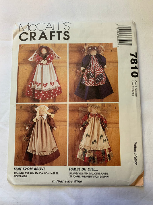 McCall's Sewing Pattern 7810 22 Inch Angel Dolls, 4 Variations, Wardrobe, Dress, Apron, Ruffles, Wings, Uncut, Vintage 1995