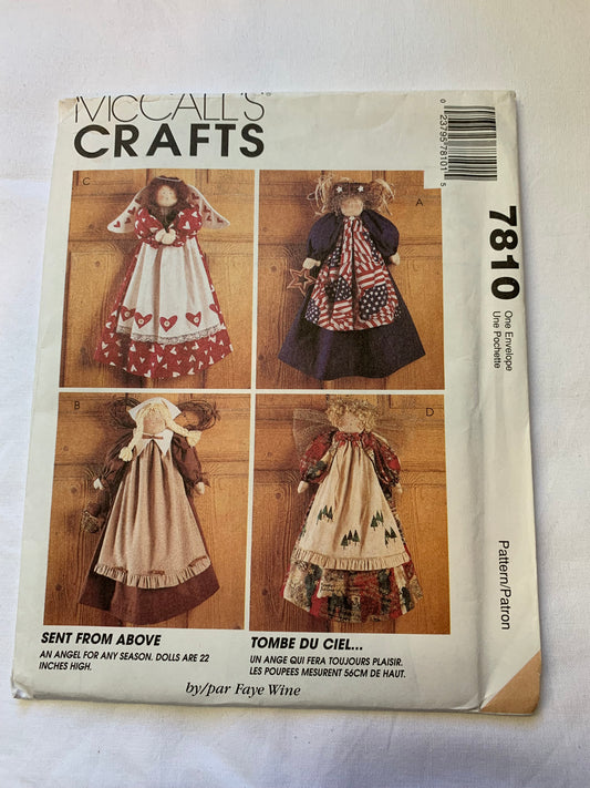 McCall's Sewing Pattern 7810 22 Inch Angel Dolls, Seasons, 4 Variations, Wardrobe, Dress, Apron, Ruffles, Wings, Uncut, Vintage 1995