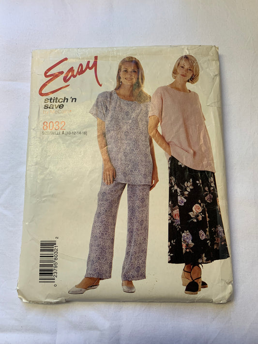 McCall's Sewing Pattern Stitch 'n Save 8032 Misses' Top, Pull -On Skirt, Pants, Short Sleeves, Elastic Waist, Size 10-16, Cut, Vintage 1996