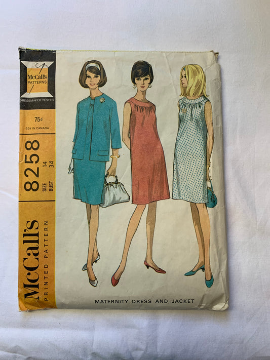 McCall's Sewing Pattern 8258 Misses' Maternity Dress, Jacket, Sleeveless, Zipper Back, Long Sleeves, Gathered Neckline, Size 14 Cut, Vintage 1966