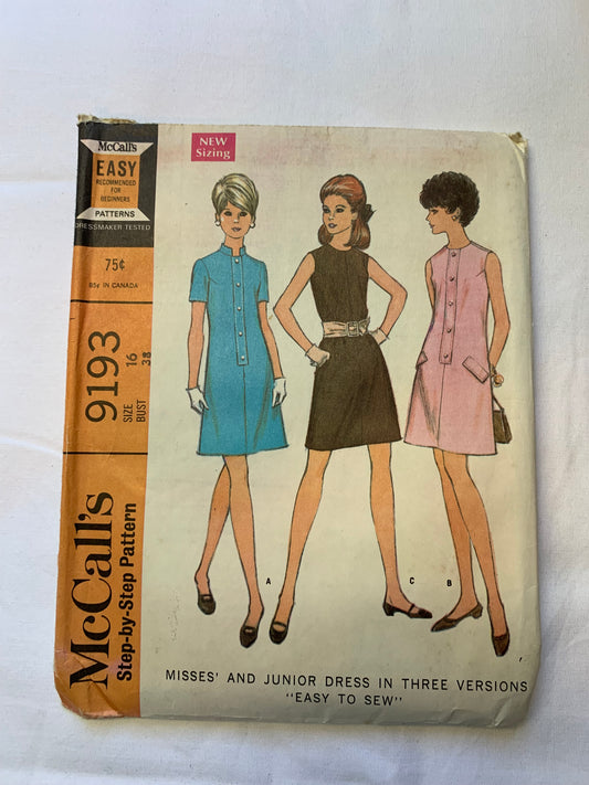 McCall's Sewing Pattern 9193 Misses' Dresses, 3 Variations, Fitted, Zipper Back, Sleeveless, Short Sleeves, Size 16, Cut, Vintage 1968