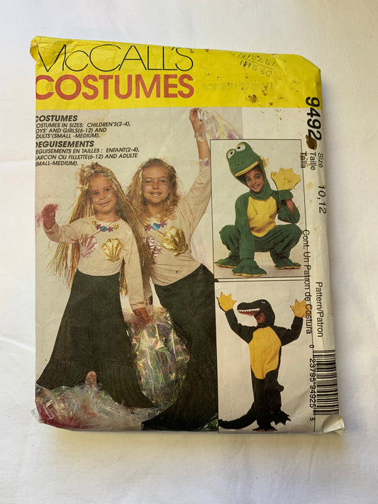 McCall's Sewing Pattern 9492 Children's/Boy's/Girls' Costumes, Halloween, Dress-Up, Mermaids, Frog, Alligator, Size 10-12, Cut, Vintage 1998
