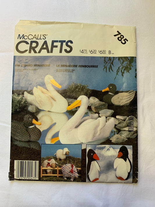McCall's Sewing Pattern 785 Animal Package, The Stuffed Menagerie, Home Decor, Swan, Lamb, Duck, Pig, Penguin, Cut, Vintage 1985
