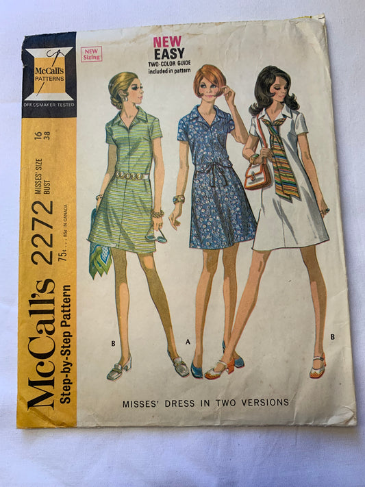 McCall's Sewing Pattern 2272 Misses' Dresses, 2 Variations, Darts, Zipper Back, Tie Belt, Short Sleeves, Size 16, Cut, Vintage 1970