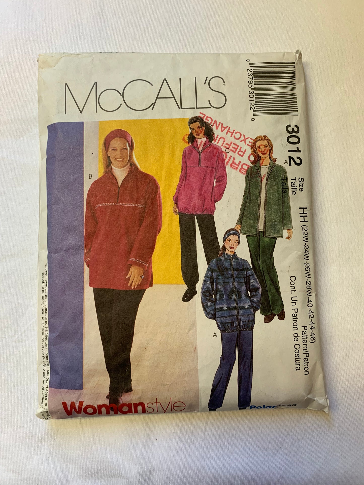 McCall's Sewing Pattern 3012 Misses' Unlined Jacket, Top, Pull-On Pants, Headband, Front Zipper, Long Sleeves, Elastic Waist, Pockets, Size 22W-28W, Cut, 2000