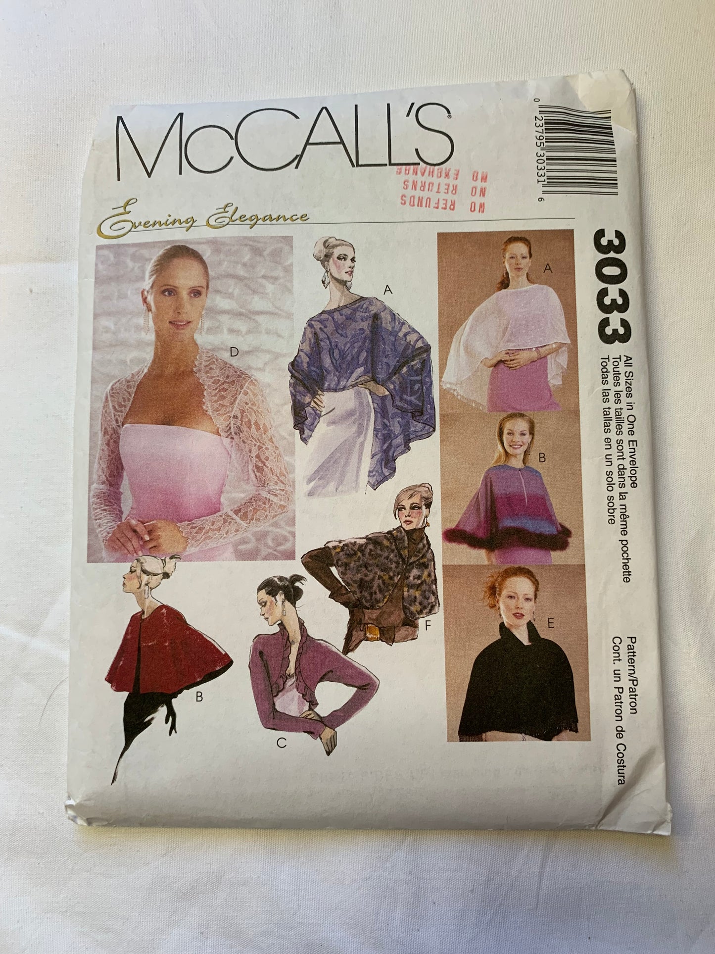 McCall's 3033 Misses' Teens' Fashion Accessories, Cape, Shrug, Capelet, Bolero, Size 4-10, Cut, 2000