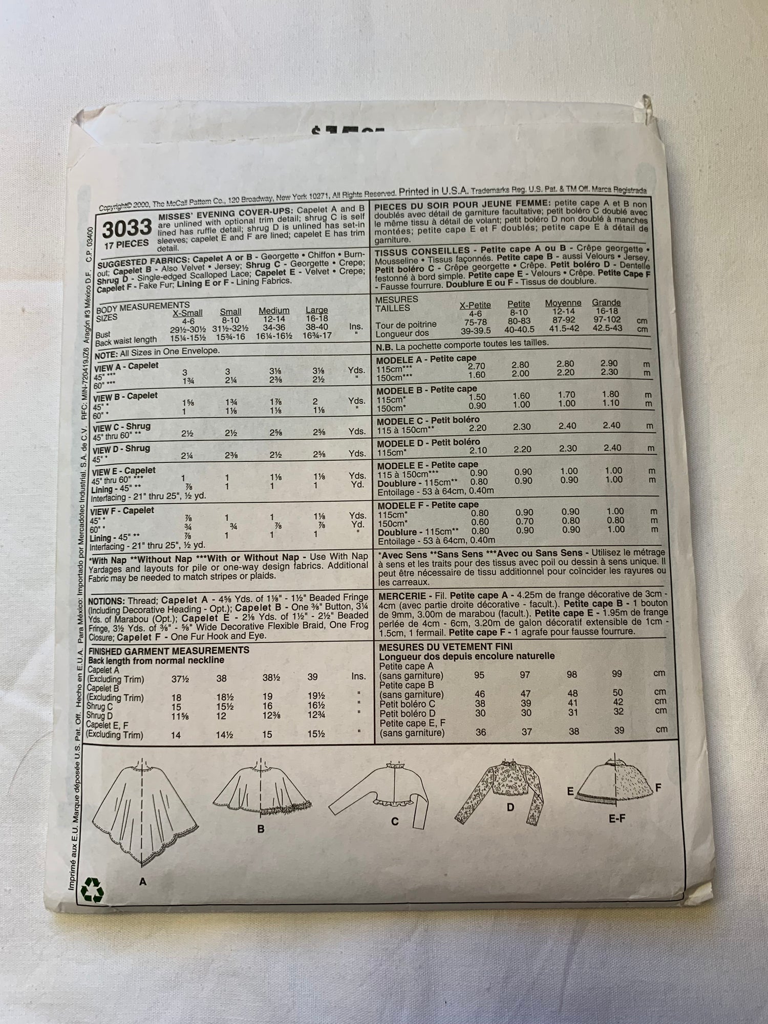 McCall's 3033 Misses' Teens' Fashion Accessories, Cape, Shrug, Capelet, Bolero, Size 4-10, Cut, 2000