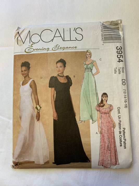 McCall's Sewing Pattern Evening Elegance 3954 Misses'/Misses' Petite Dresses, Gown, Overlay, Floor Length, Zipper, Sleeveless, Short Sleeves, Size 12-18, Cut, 2003